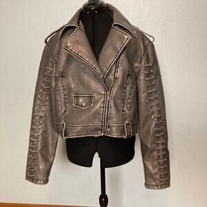 XL gray grey black silver pleather leather Moto jacket zip pockets